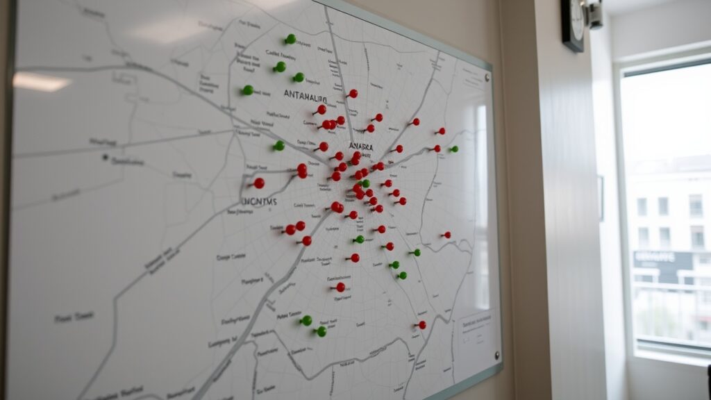 Bir duvarda Ankara haritası ve birkaç okul lokasyonunu işaretleyen toplar.