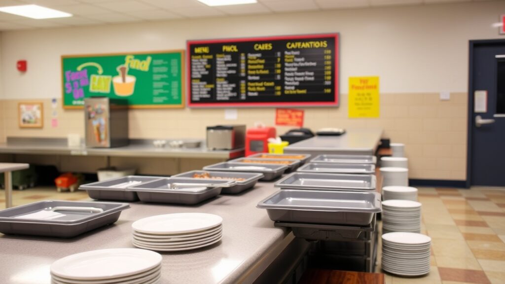 Okul kantini tezgahı, tepsiler, tabaklar ve arka planda menü panosu