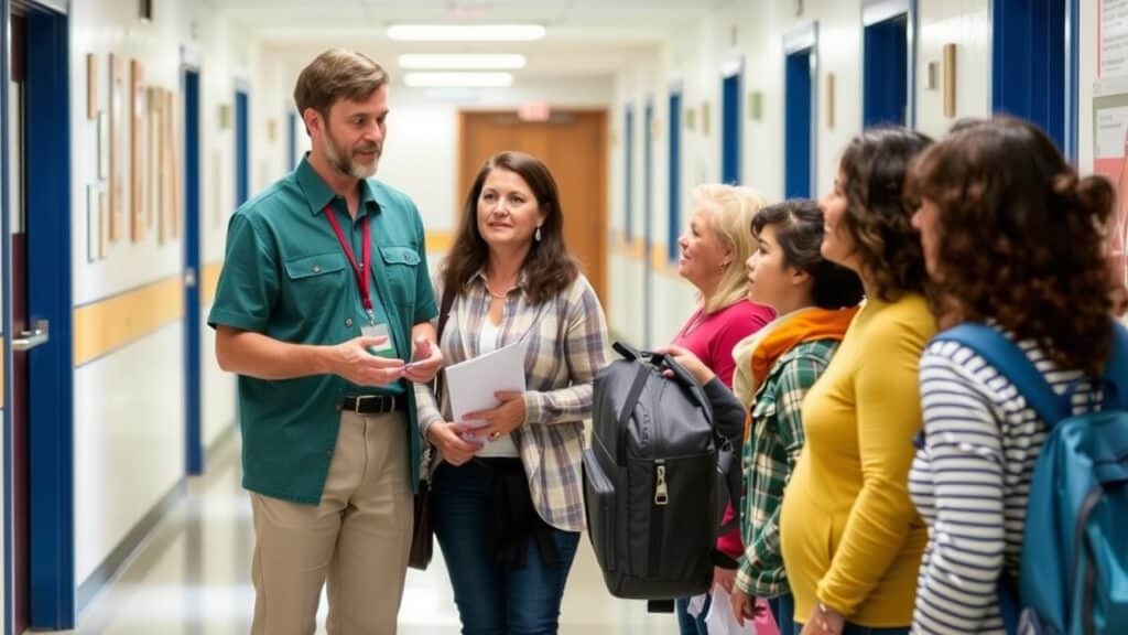 Aydınlık bir okul koridorunda bir öğretmen velilerle konuşuyor.