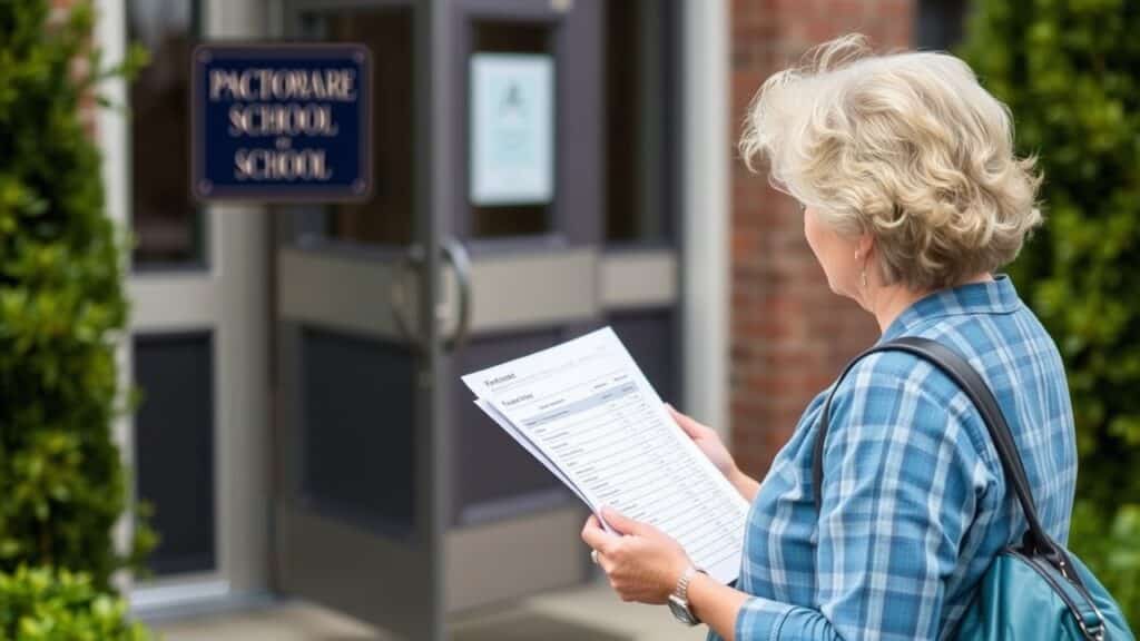 Elinde tuttuğu bir fiyat listesini okuyan okul girişinde duran bir veli.